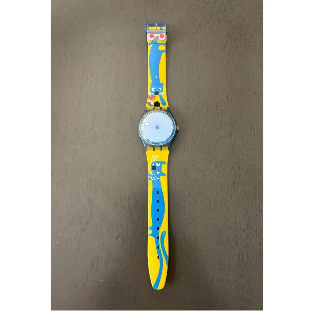 Rare Swatch Watch 2003 Original Gent Blue Cat Mouse YellowStrap GN209 Swiss Made